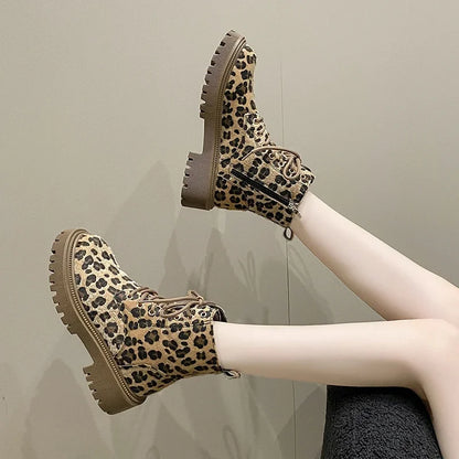 Shoes for Women 2023 Fashion Lace Up Women Boots Winter Round Toe Leopard Print Short Barrel Chunky Heels Zipper Plus Size Boots