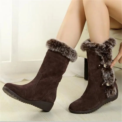 New Winter Women Boots Casual Warm Fur Mid-Calf Boots shoes Women Slip-On Round Toe wedges Snow Boots shoes Muje Plus size 42