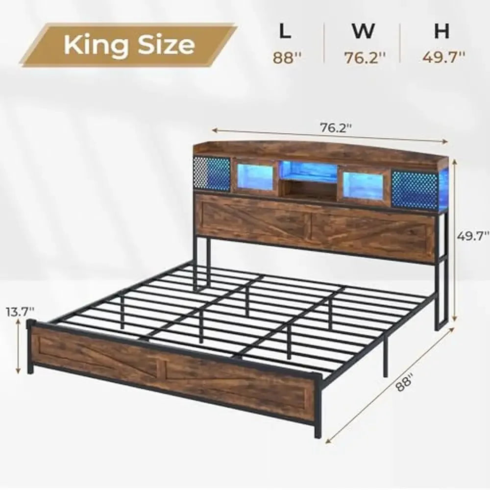 King Size Farmhouse Style Bed Frame with LED Lights Charging Station Rustic Brown Storage Headboard Sliding Doors Metal Steel