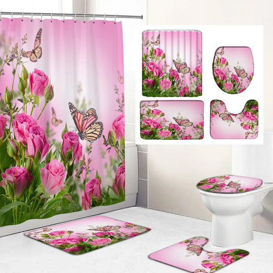 Butterfly Rose Flower Printed Waterproof Bathroom Shower Curtain Set Non-Slip Bath Mat Rug Sets Toilet Cover Bathroom Decor