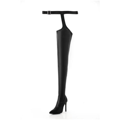 Women Chap Boots Stretch Zip Up Waist Belt Pointed Toe High Heels Boots Thigh High Shoes Sexy Ladies  Stilettos Large Size 35-43