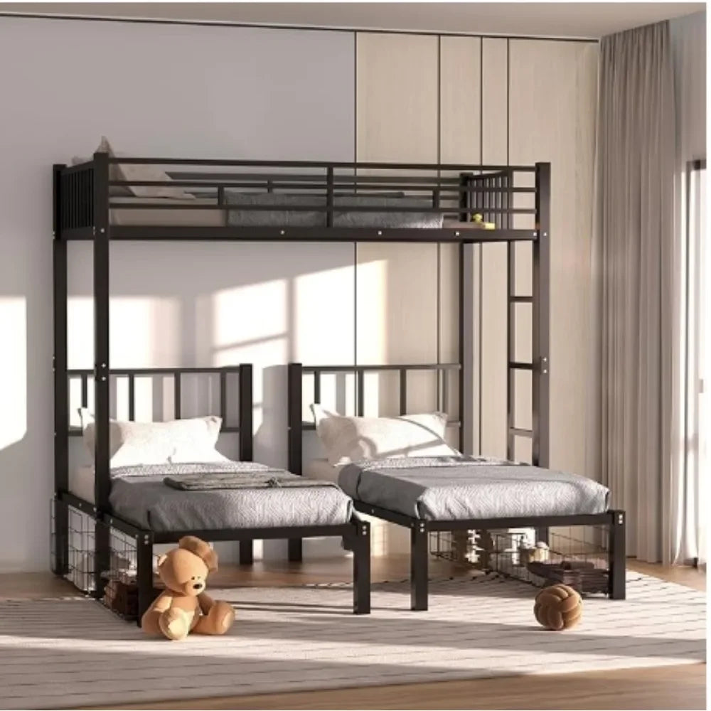 L-Shaped Triple Bunk Bed with Drawers for 3 Kids,Can Be Divided Into 3 Separate Beds W/Safety Textilene Guardrals, Bed Frame