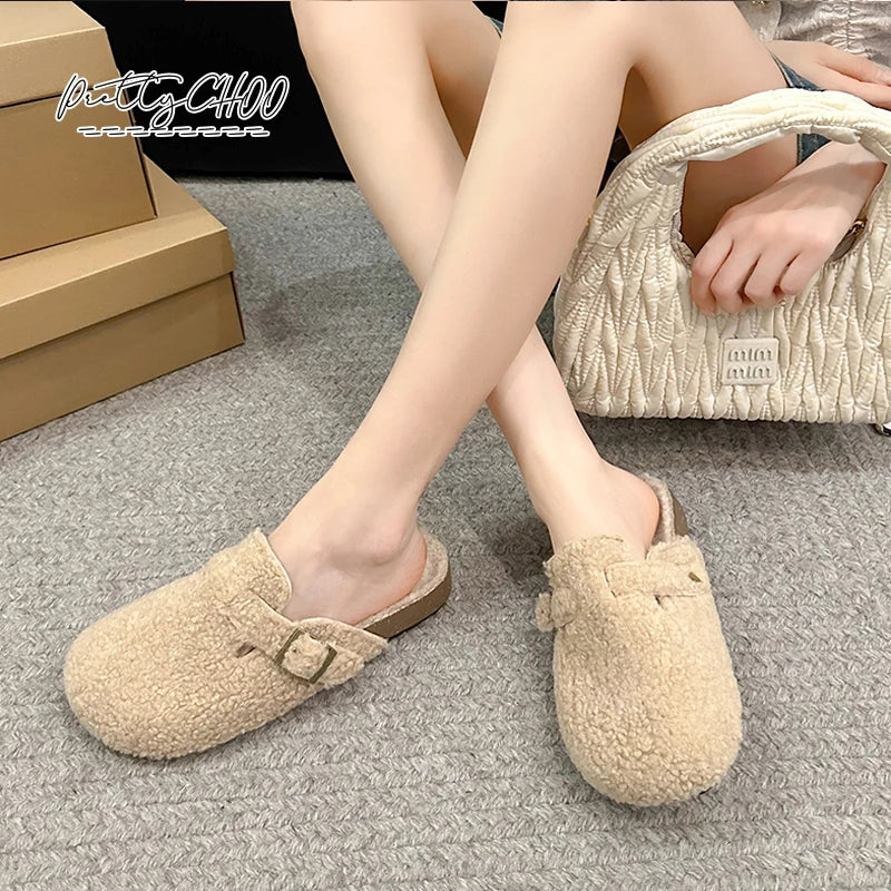 Soft Footbed Teddy Fur Mule Clogs For Woman Winter Warm Plush Slide Sandals Ladies Brand Design Fluffy Birken Shoes