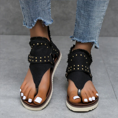 Summer Denim Shoes Women Chic Star Print Gladiator Sandals Ladies Punk Rivet Stud Fip Flops