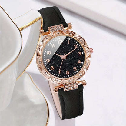 2PCS/Set Fashion Rhinestone Women's Quartz Watch Analog PU Leather Band Wrist Watches Heart Bracelet