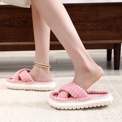 2024 Autumn Winter New Women Home Slippers Open-Toe Cross Band Linen Soled Indoor Slides Linen Soled Non-Slip Bathroom Slippers