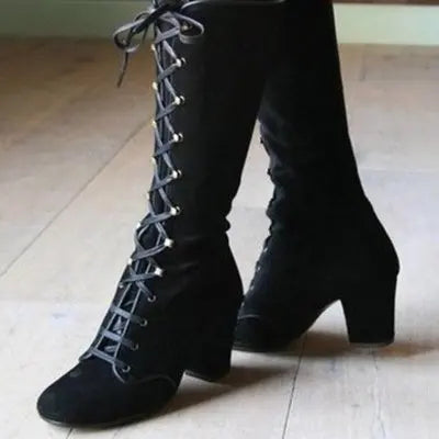 2023 Medieval Women's Casual Riding Boots Winter Lace Up Suede Long Tube Knight Boot Female High Heel Cowboy Shoes Mid-Calf Sexy