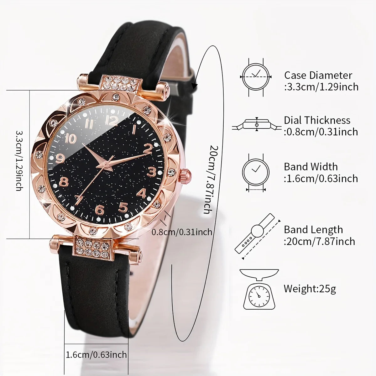 2PCS/Set Fashion Rhinestone Women's Quartz Watch Analog PU Leather Band Wrist Watches Heart Bracelet