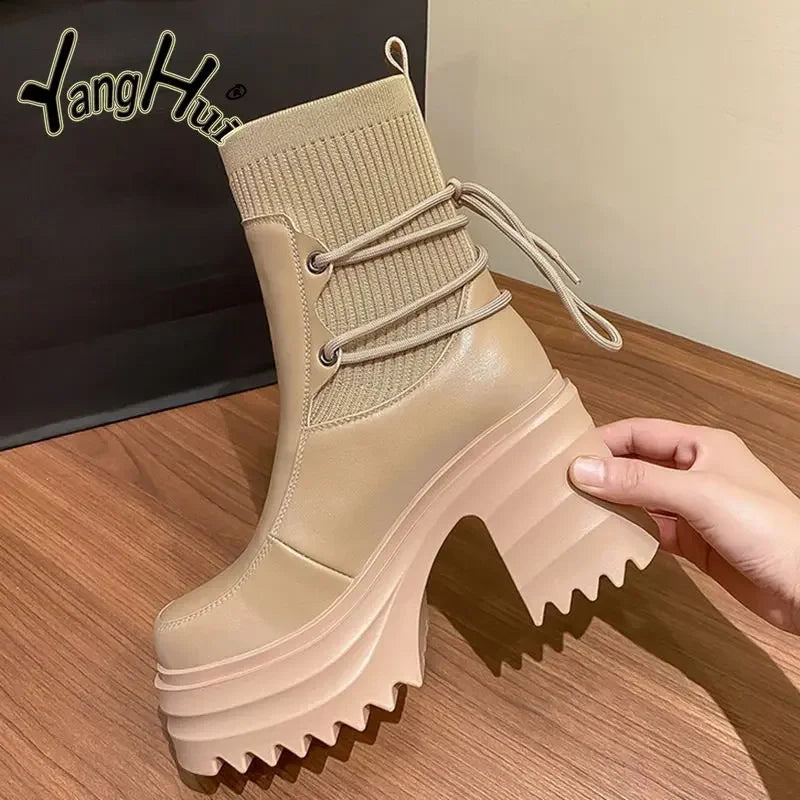 2023 New Ankle Modern Boots Cotton Fabric Lace FashionBlack Chunky High Heel Super High Platform Shoes for Women Spring Autumn