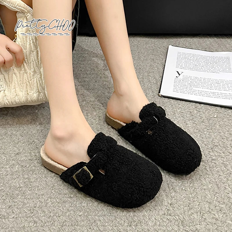 Soft Footbed Teddy Fur Mule Clogs For Woman Winter Warm Plush Slide Sandals Ladies Brand Design Fluffy Birken Shoes