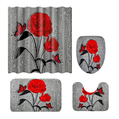 4 Pcs Rose Toilet Lid Cover And Bathroom Mat Set Accessories Shower Curtain Sets With Non Slip Extra Wide Shower Curtains 108