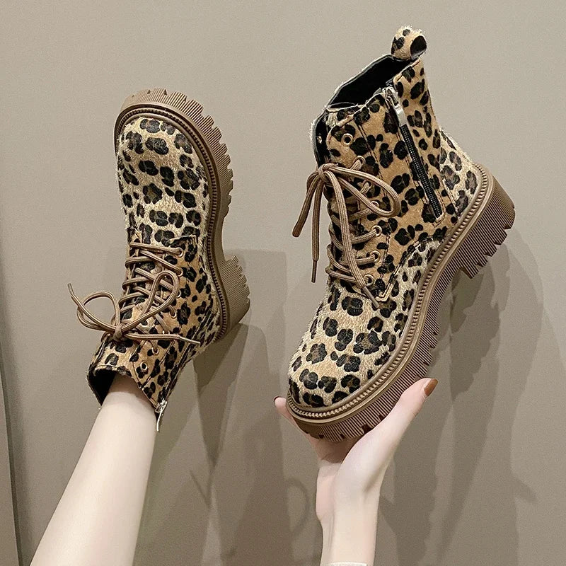 Shoes for Women 2023 Fashion Lace Up Women Boots Winter Round Toe Leopard Print Short Barrel Chunky Heels Zipper Plus Size Boots