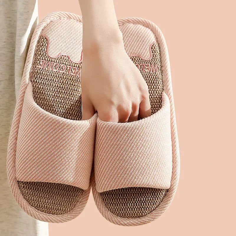 Linen Slippers Indoor Home Breathable Women Men Slides Linen Couples Anti-slip Shoes Beach Sandals Shoes Comfortable Flats