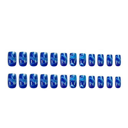 24Pc Blue Ocean Fake Nails Short Square Head Ballet False Nails French Ballerina Press on Nails Full Cover Acrylic Nail Art Tips