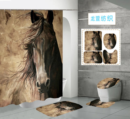 4PCS Animal 3D Printing Theme Shower Curtain and Bath Mat Set,Black Horse Decor Waterproof Non-Slip Bathroom Curtain and Rug Set