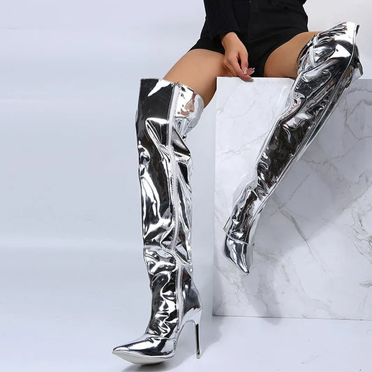 Women Boots Mirror Platform Pointy Toe  High Thin Heels Over The Knee Long Boots Autumn Winter Zip Silver Casual Party Shoes New