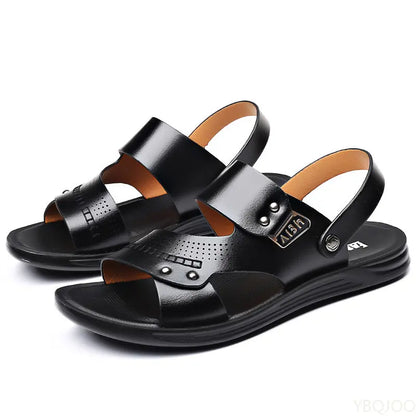 Shoes 2023 Fashion Men's  Summer New Retro Leather Non-slip Beach Slip-on Sandals Travel Flip-flops Slippers Black Brown