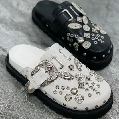 Summer Women Slippers Platform Rivets Punk Rock Leather Mules Creative Metal Fittings Casual Party Shoes Female Outdoor Slides