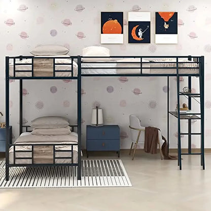 L-Shaped Triple Metal Bunk Bed with Desk and Shelf Twin Loft Bed Attached Space Saving Design Heavy Duty Suitable Children Room