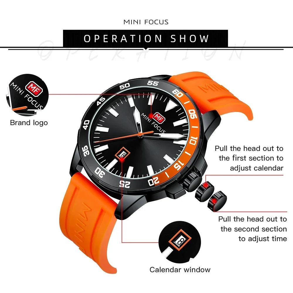 MINI FOCUS Men Quartz Clock Male Casual Fashion Men's Silicone Strap Wristwatch with Calendar Luminous Luxury Watch 0020G