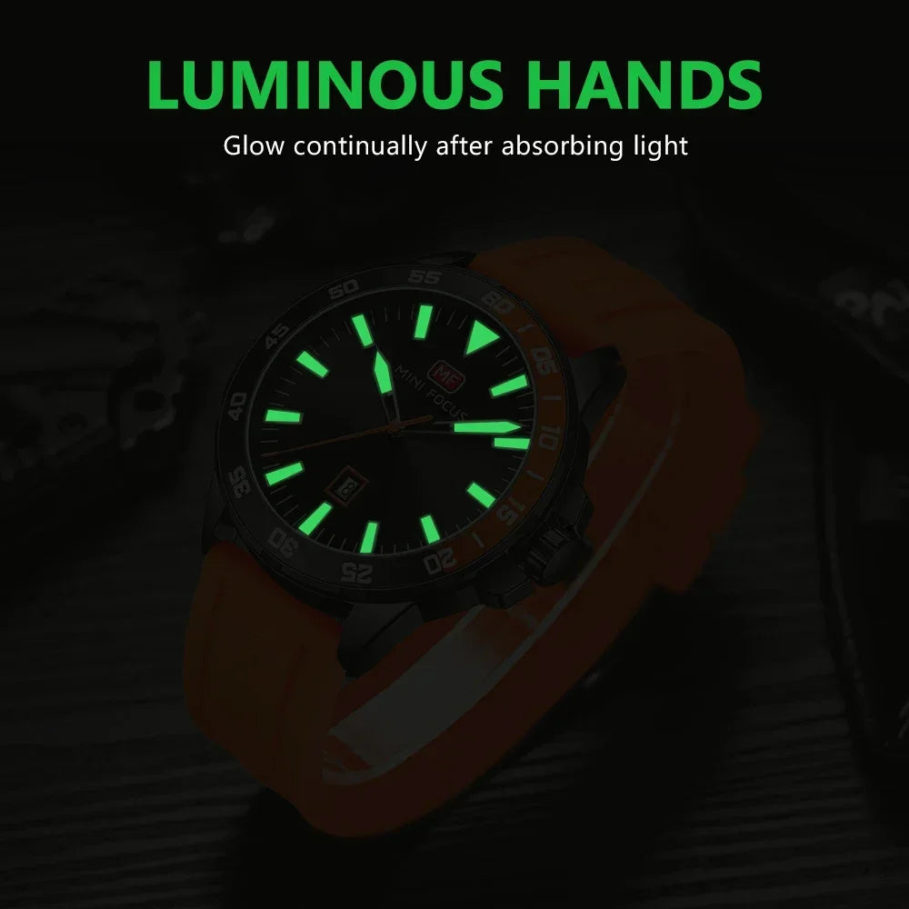 MINI FOCUS Men Quartz Clock Male Casual Fashion Men's Silicone Strap Wristwatch with Calendar Luminous Luxury Watch 0020G