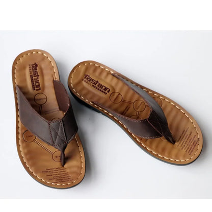 2023 Shoes Leather Men's Flip Flops Shoes Outdoor Beach Casual Flat Slippers Trend Flat Non-slip Clip Toe Sandalias Large Size