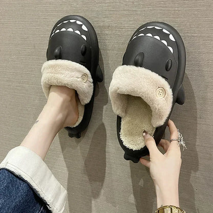 Shark Cotton Slippers Woman Waterproof Winter Indoor Couple Shoes Non-slip Slides Plush Warm Home Slides Flat Shark Flip Flops88