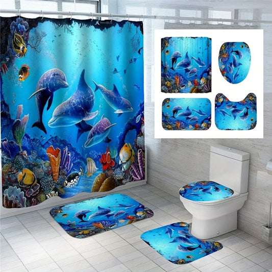 Dolphin Pattern Shower Curtain Set, Bathroom Curtain Set With , Non-Slip Rugs, Toilet Lid Cover And Bath Mat, Waterproof Shower