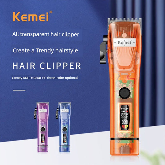 Cross-Border Kemei Electric Clipper PG Transparent Design LCD LCD Digital Display Hair Clipper USB Stainless Steel Cutter Head