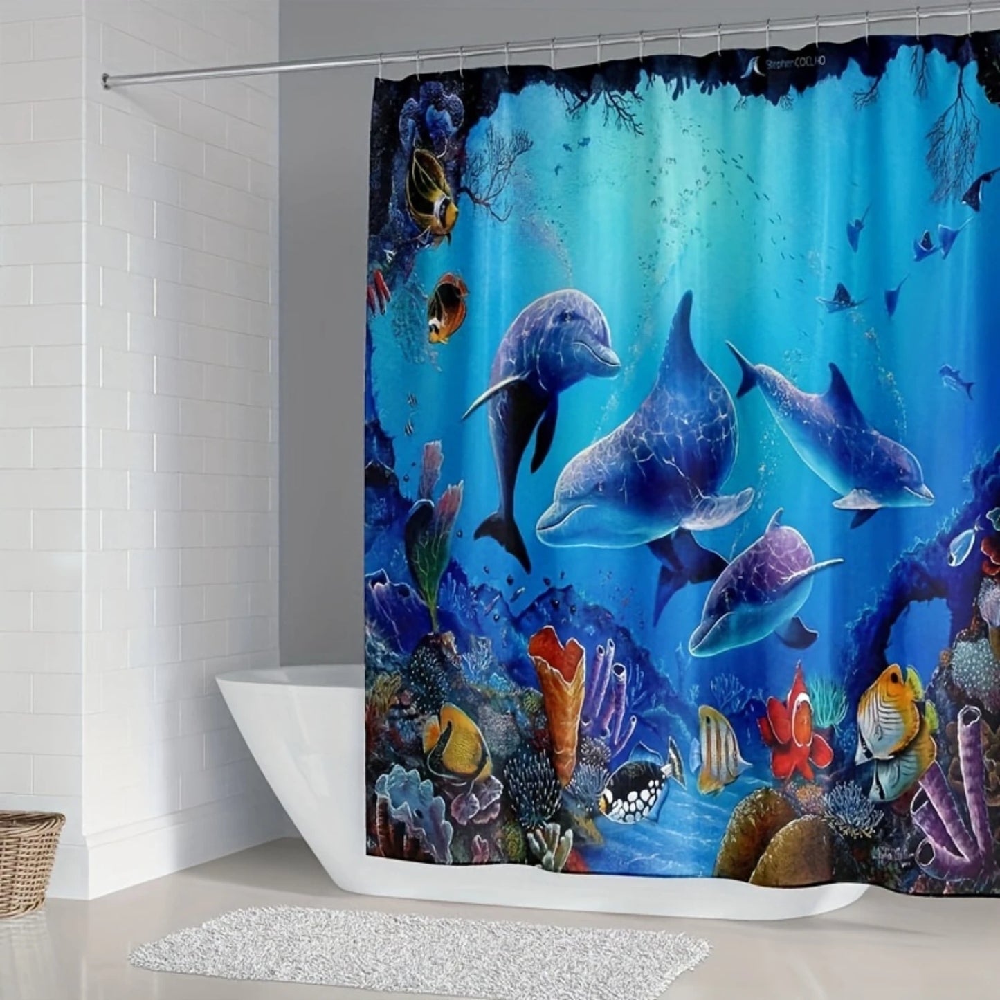 Dolphin Pattern Shower Curtain Set, Bathroom Curtain Set With , Non-Slip Rugs, Toilet Lid Cover And Bath Mat, Waterproof Shower