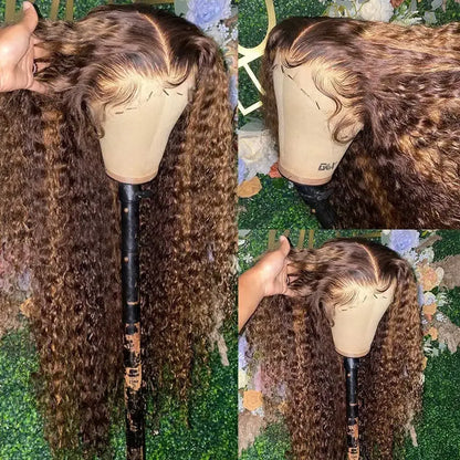 4/27 Highlight Deep Wave Lace Front Wigs 100% Human Hair Brown Ombre Colored Curly Water 13x4 Lace Frontal Wig For Women 30 Inch