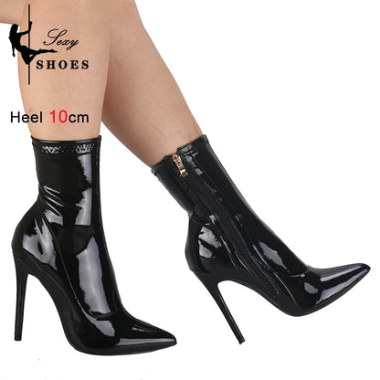 10cm 12CM Sexy Women Ankle Boots Zipper Thin Heels Short Boot Glossy Patent Leather High Heels Office Shoes Woman Bota Feminina